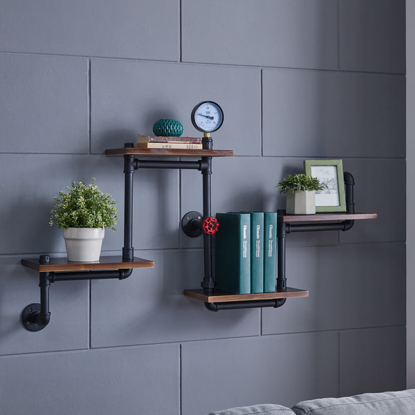 Danya B 4-Tier Floating Corner Or Flat Wall Shelf Staggered Floating Industrial Rustic Pipe Shelving Unit – Wall Mount