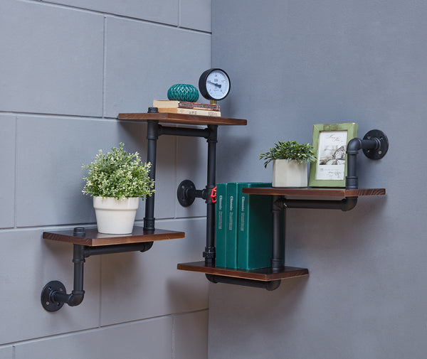 danya b 4-Tier Floating Corner Or Flat Wall Shelf Staggered Floating Industrial Rustic Pipe Shelving Unit – Wall Mount
