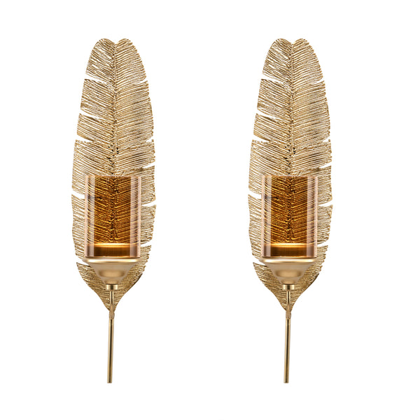Danya B Ava 17" Gold Feather Metal Wall Candle Sconces (Set Of 2)