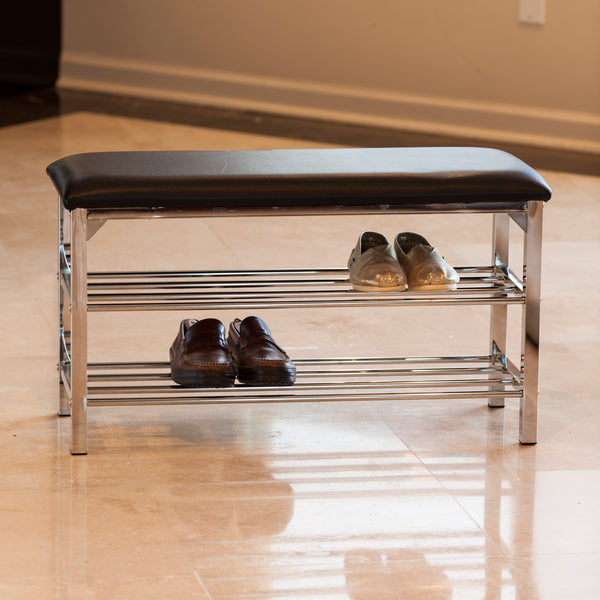 Danya B Black Leatherette Storage Entryway Bench With Chrome Frame