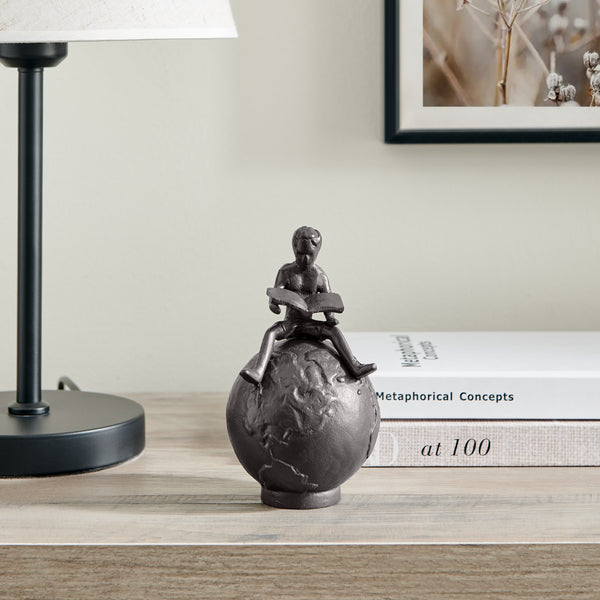 Danya B Brown Cast Iron Boy Reading On Globe Sculpture - Tabletop Desk Ornament Or Decorative Paperweight