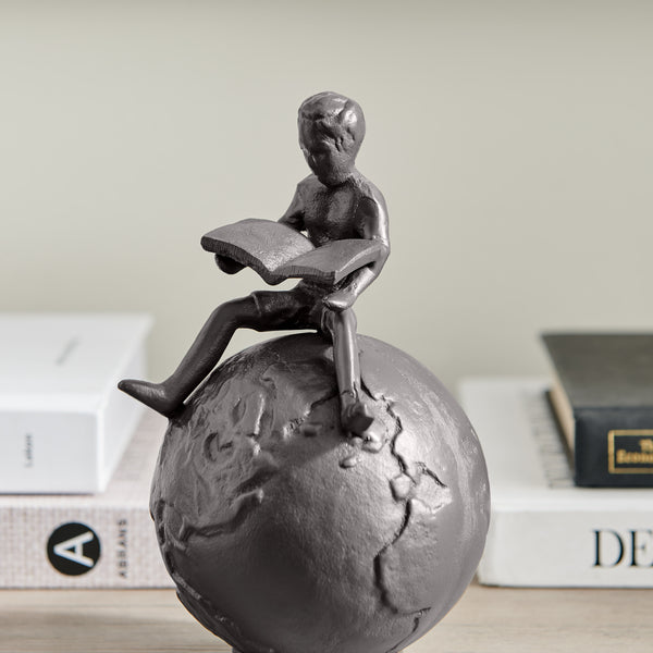 Danya B Brown Cast Iron Boy Reading On Globe Sculpture - Tabletop Desk Ornament Or Decorative Paperweight
