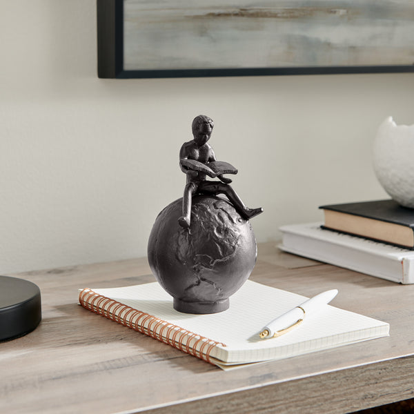 danya b Brown Cast Iron Boy Reading on Globe Sculpture - Tabletop Desk Ornament or Decorative Paperweight