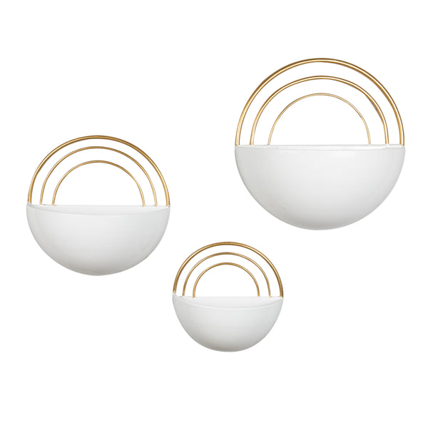 Danya B Crescent 3-Piece Metal Wall Planter Set - White With Gold Detail