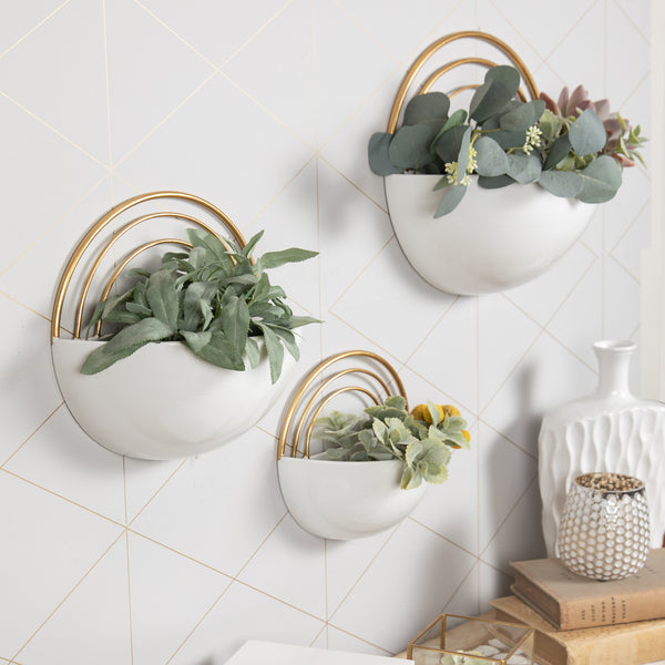 Danya B Crescent 3-Piece Metal Wall Planter Set - White With Gold Detail