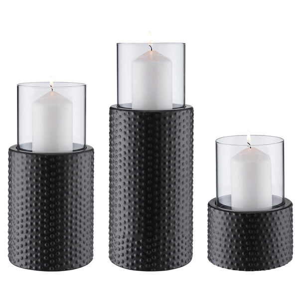 Danya B Danya B. Contemporary Candle Holder Set (3) With Clear Glass Hurricanes And Textured Metal Base