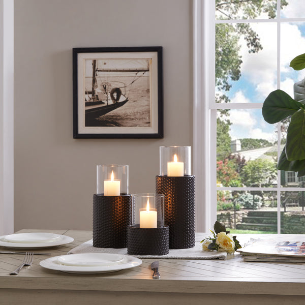 Danya B Danya B. Contemporary Candle Holder Set (3) With Clear Glass Hurricanes And Textured Metal Base
