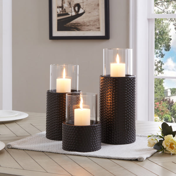 danya b Danya B. Contemporary Candle Holder Set (3) With Clear Glass Hurricanes And Textured Metal Base danya b Danya B. Contemporary Candle Holder Set (3) With Clear Glass Hurricanes And Textured Metal Base