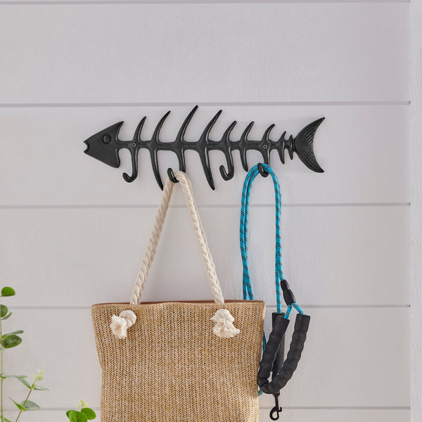 danya b Dark Brown Cast Iron Fishbone Decorative Wall Sculpture Utility Hook Unit with 4 Hooks