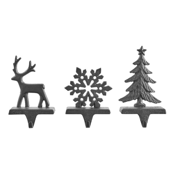 Danya B Dark Brown Cast Iron Holiday Sculpture Figure Christmas Decorative Utility Mantel Stocking Hook Set Of 3 - Snowflake Reindeer Tree