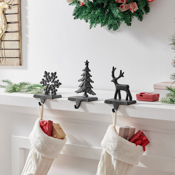 Danya B Dark Brown Cast Iron Holiday Sculpture Figure Christmas Decorative Utility Mantel Stocking Hook Set Of 3 - Snowflake Reindeer Tree