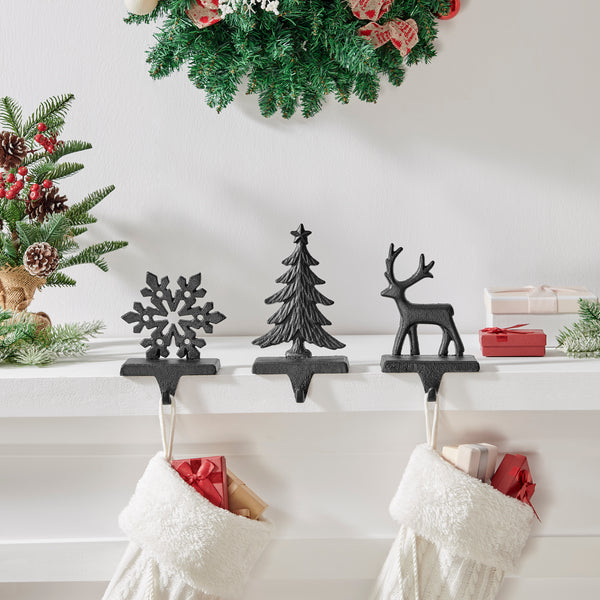 danya b Dark Brown Cast Iron Holiday Sculpture Figure Christmas Decorative Utility Mantel Stocking Hook Set of 3 - Snowflake Reindeer Tree