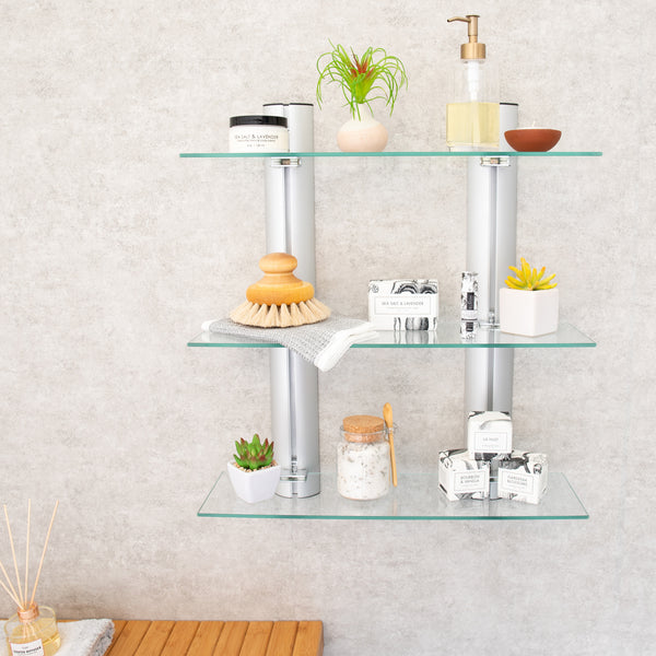 Danya B Decorative Wall-Mount 3-Tier Adjustable Glass Wall Shelves On Aluminum Bars