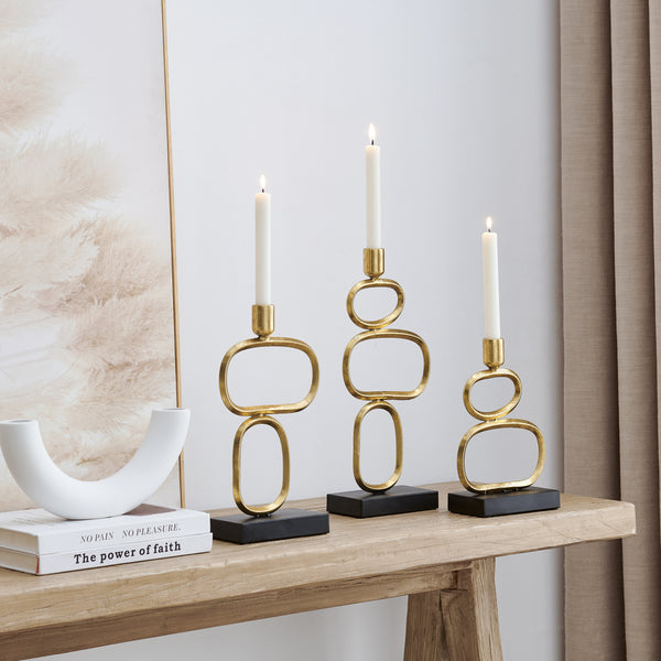 Danya B Eduardo Midcentury Modern Geometric Sculpted Gold And Black Candlestick Candle Holders - Set Of 3