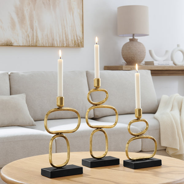 danya b Eduardo Midcentury Modern Geometric Sculpted Gold and Black Candlestick Candle Holders - Set of 3