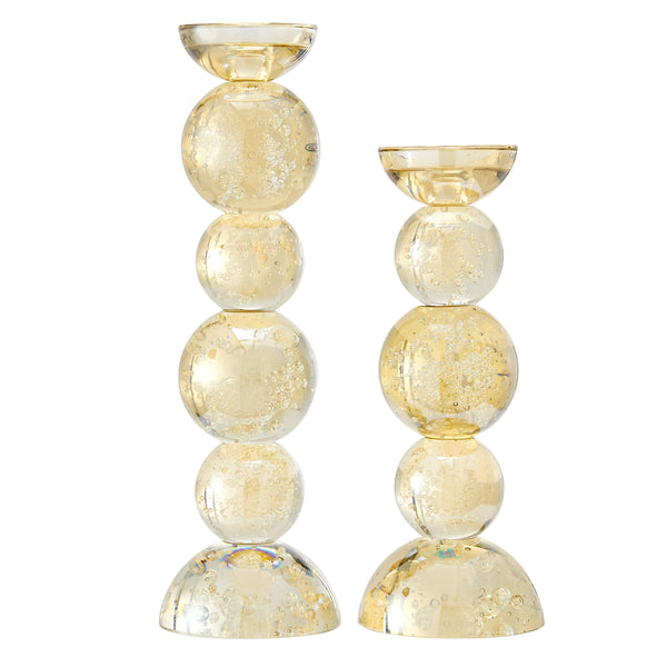 Danya B Enya Champagne Gold Tint Bubble Glass Stacked Orb Pillar Candle Holder Set Of 2