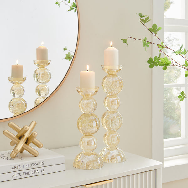 Danya B Enya Champagne Gold Tint Bubble Glass Stacked Orb Pillar Candle Holder Set Of 2