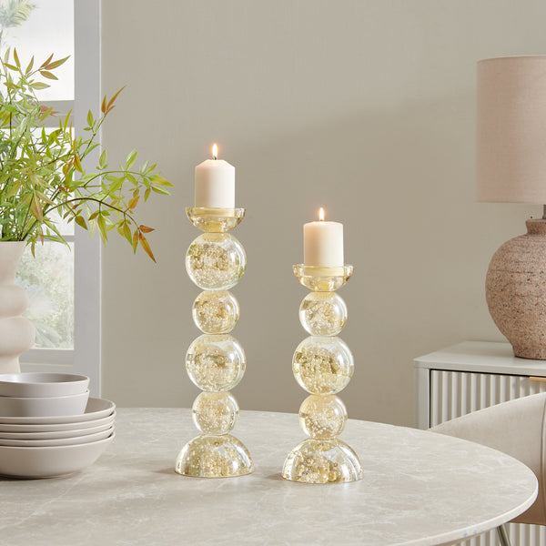 Danya B Enya Champagne Gold Tint Bubble Glass Stacked Orb Pillar Candle Holder Set Of 2