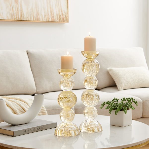 danya b Enya Champagne Gold Tint Bubble Glass Stacked Orb Pillar Candle Holder Set of 2