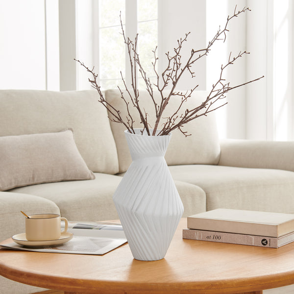 Danya B Eos Minimal White Contemporary Ribbed Angular Glass Tabletop Vase