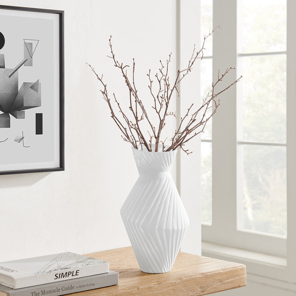 danya b Eos Minimal White Contemporary Ribbed Angular Glass Tabletop Vase