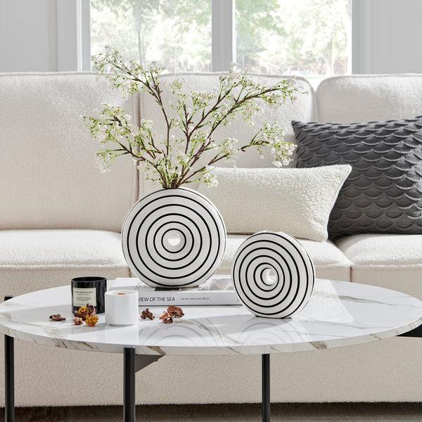 Danya B Etta Two Piece Glossy Ceramic Black And White Striped Round Hollow Circle Donut Vase Set