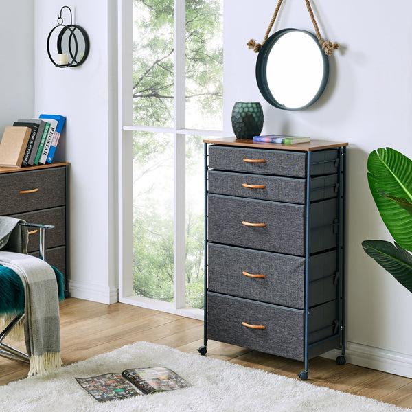 Danya B Fabric 5-Drawer Storage Dresser Chest With Steel Frame And Caster Wheels