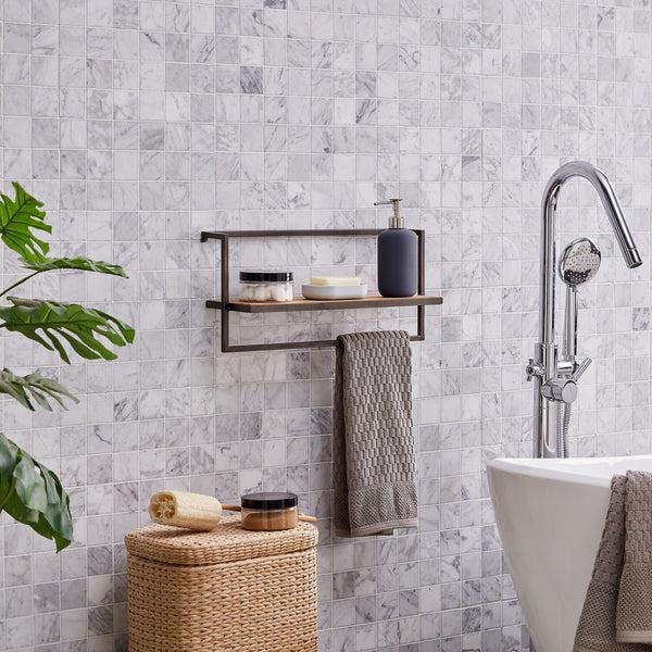 Danya B Floating Industrial Modern Rustic Wood Shelf On Metal Frame With Towel Bar/Hanging Rack