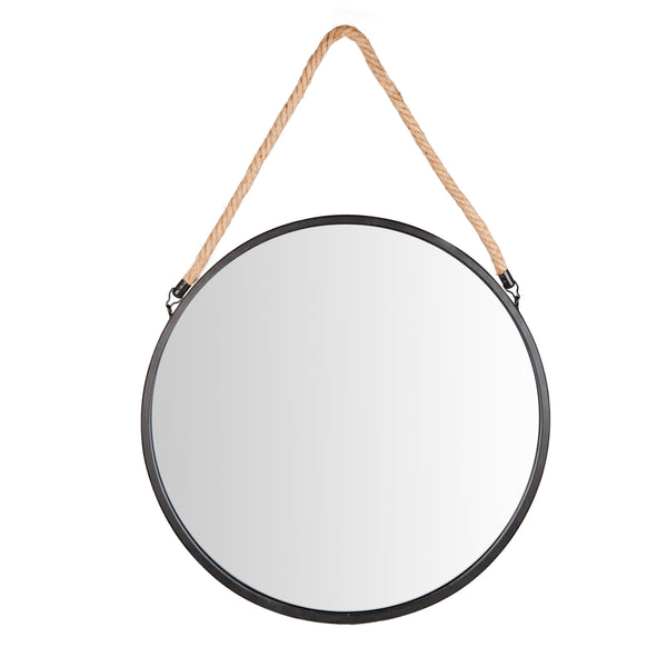 Danya B Framed 20" Decorative Round Black Metal Circle Wall Mirror With Hanging Rope
