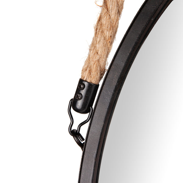 Danya B Framed 20" Decorative Round Black Metal Circle Wall Mirror With Hanging Rope