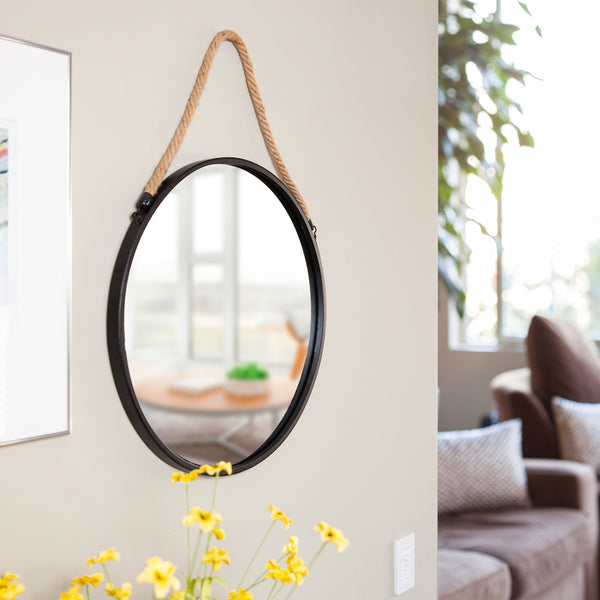 danya b Framed 20" Decorative Round Black Metal Circle Wall Mirror with Hanging Rope