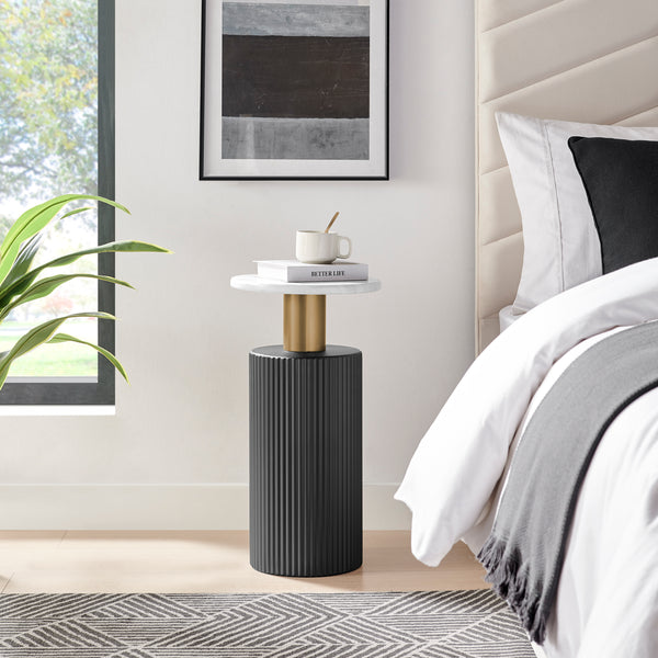 Danya B Fritz Midcentury Modern Column Side Accent Table With Textured Black Base Gold Metal Column Accents And Faux Marble Laminate Tabletop