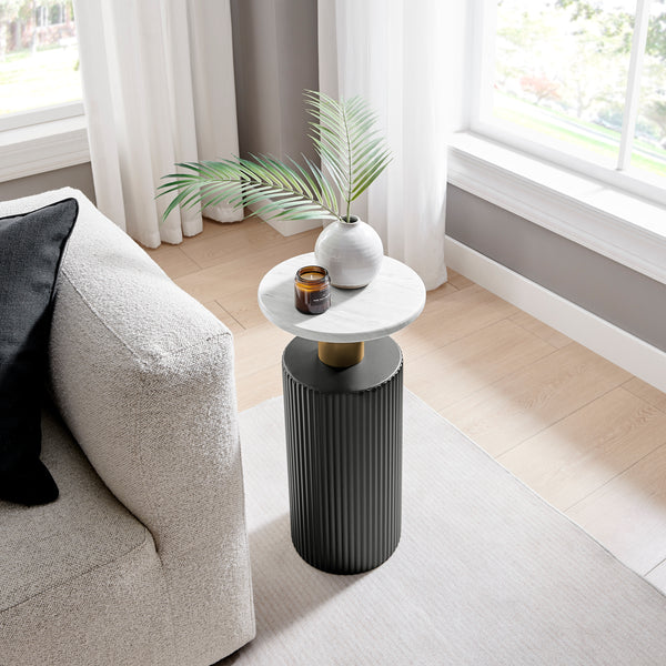 Danya B Fritz Midcentury Modern Column Side Accent Table With Textured Black Base Gold Metal Column Accents And Faux Marble Laminate Tabletop