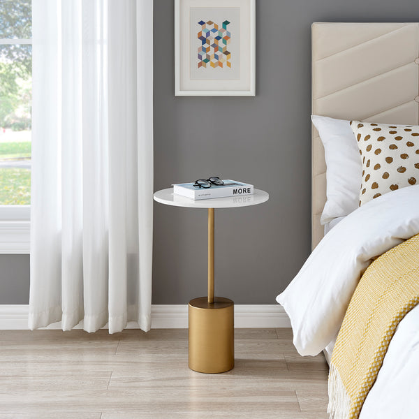 Danya B Fritz Midcentury Modern Pedestal Side Accent Table With Gold Metal Base And Genuine White Marble Stone Tabletop