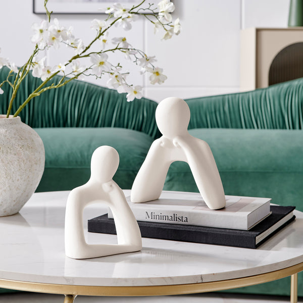 Danya B Hans Tanka Cream Abstract Two Piece Thinking Couple Decorative Accent Matte Ceramic Sculpture Figure Set