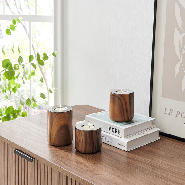 Danya B Hemming Modern Walnut Finish Three Piece Tealight Candle Holder Tabletop Decor Set