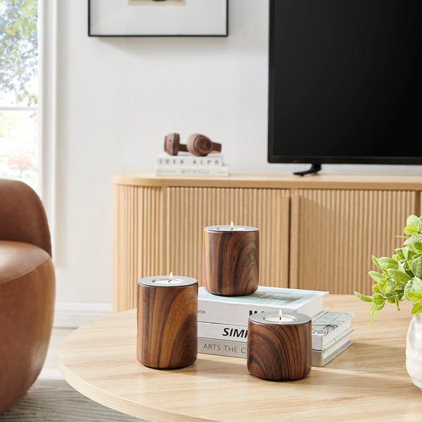 danya b Hemming Modern Walnut Finish Three Piece Tealight Candle Holder Tabletop Decor Set