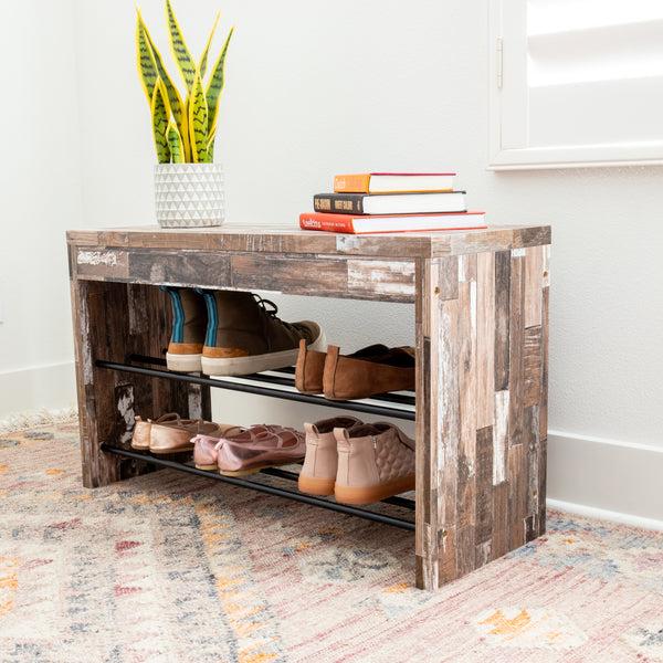 Danya B Industrial Decorative Shoe Bench In Distressed Wood Finish With Two Metal Storage Racks