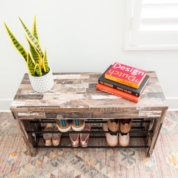 Danya B Industrial Decorative Shoe Bench In Distressed Wood Finish With Two Metal Storage Racks
