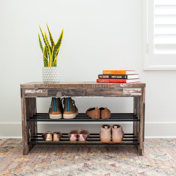 danya b Industrial Decorative Shoe Bench in Distressed Wood Finish with Two Metal Storage Racks