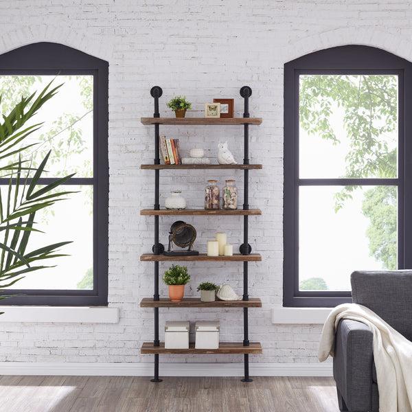 Danya B Industrial Modern Rustic 6-Tier Iron Pipe Wall Mount Ladder Shelving Unit In Distressed Wood Finish