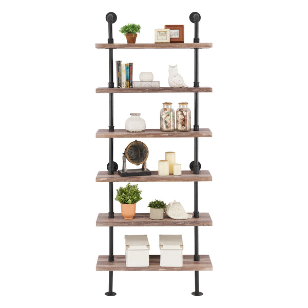 Danya B Industrial Modern Rustic 6-Tier Iron Pipe Wall Mount Ladder Shelving Unit In Distressed Wood Finish