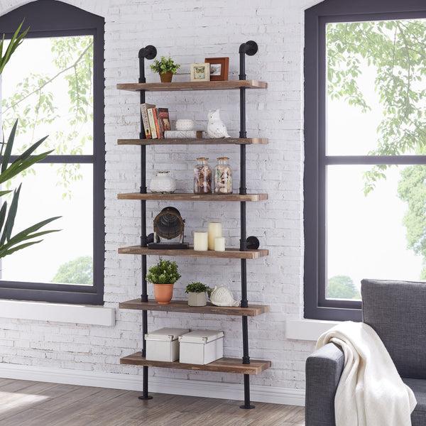 danya b Industrial Modern Rustic 6-Tier Iron Pipe Wall Mount Ladder Shelving Unit in Distressed Wood Finish danya b Industrial Modern Rustic 6-Tier Iron Pipe Wall Mount Ladder Shelving Unit in Distressed Wood Finish