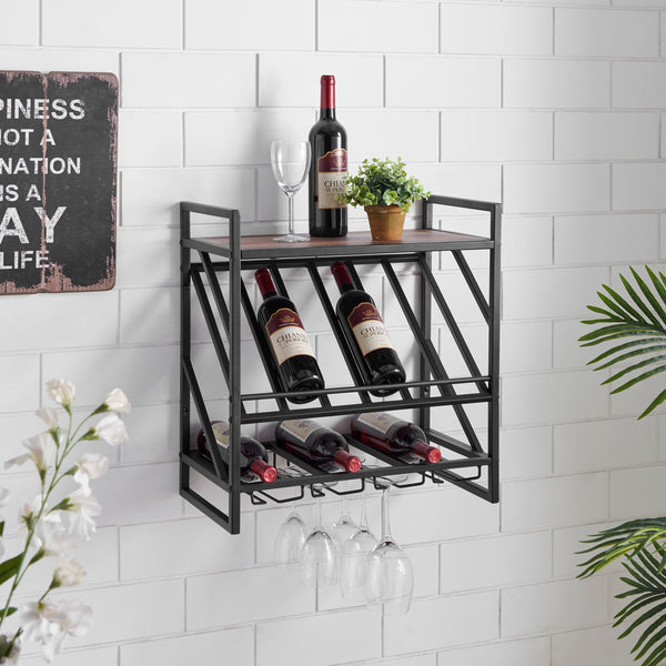 danya b Industrial Wall Mount Metal Wine Rack with Shelf and Stemware Rack