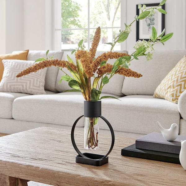 Danya B Jacob Modern Black Metal Open Circle Pedestal Clear Glass Tabletop Vase