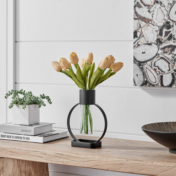 danya b Jacob Modern Black Metal Open Circle Pedestal Clear Glass Tabletop Vase