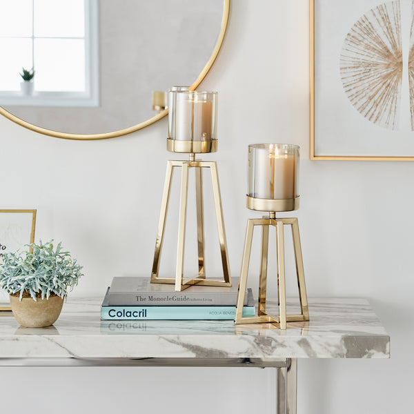 Danya B Maeve Tinted Glass Warm Gold Pedestal Hurricane Candle Holders - Set Of 2