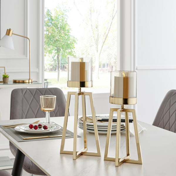 Danya B Maeve Tinted Glass Warm Gold Pedestal Hurricane Candle Holders - Set Of 2