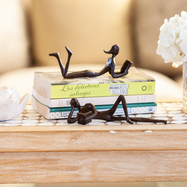 danya b Man and Woman Leisurely Reading a Book Bronze Sculptures Metal Shelf Décor (2 piece set)