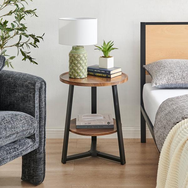 Danya B Mason Round 2-Tier Side Accent Table With Raised Lip Edge Tabletop And Mid-century Modern Crossed Metal Bold Pedestal Legs